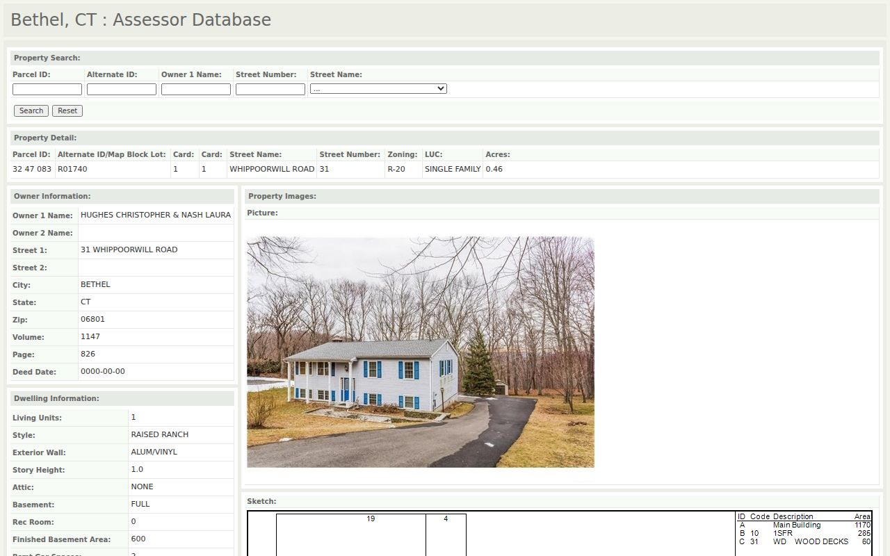 Bethel previous residents parcel card for 31 Whippoorwill Road